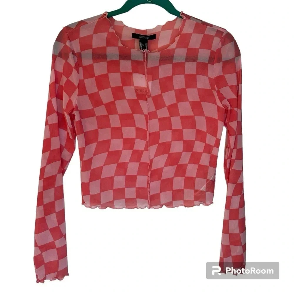Forever 21 Pink Checkered Sheer Cropped Long Sleeve Top Size Medium